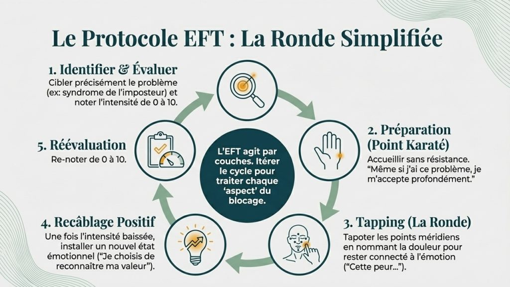 infographie décrivant le protocole EFT pour coach, les 5 étapes de la méthode en coaching